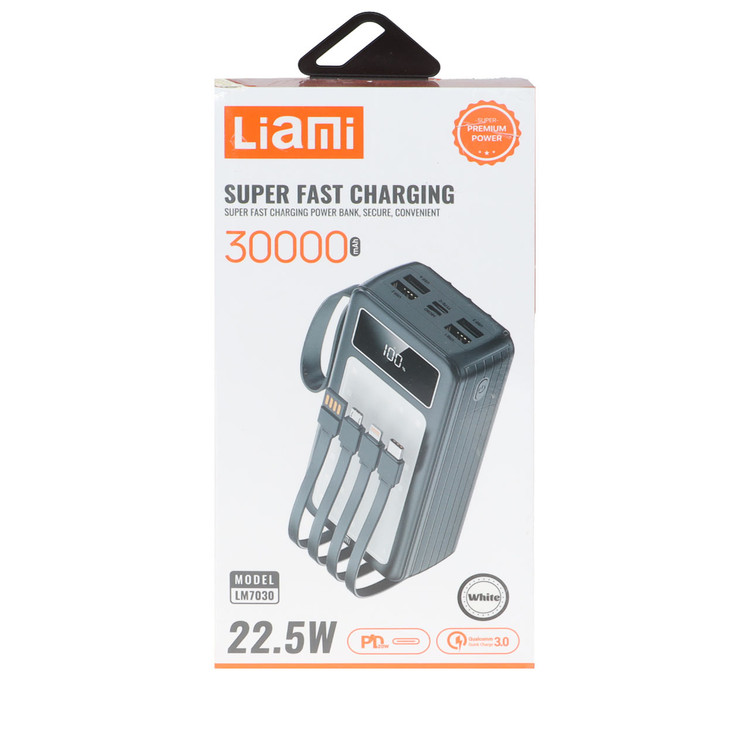 پاوربانک PD و فست شارژ Liami 30000Ah مدل LM7030 22.5W - سفید